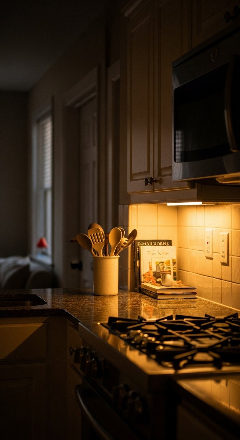 Cozy apartment kitchen at dusk with warm under cabinet lighting illuminating a dark granite countertop, utensil holder, and cookbooks