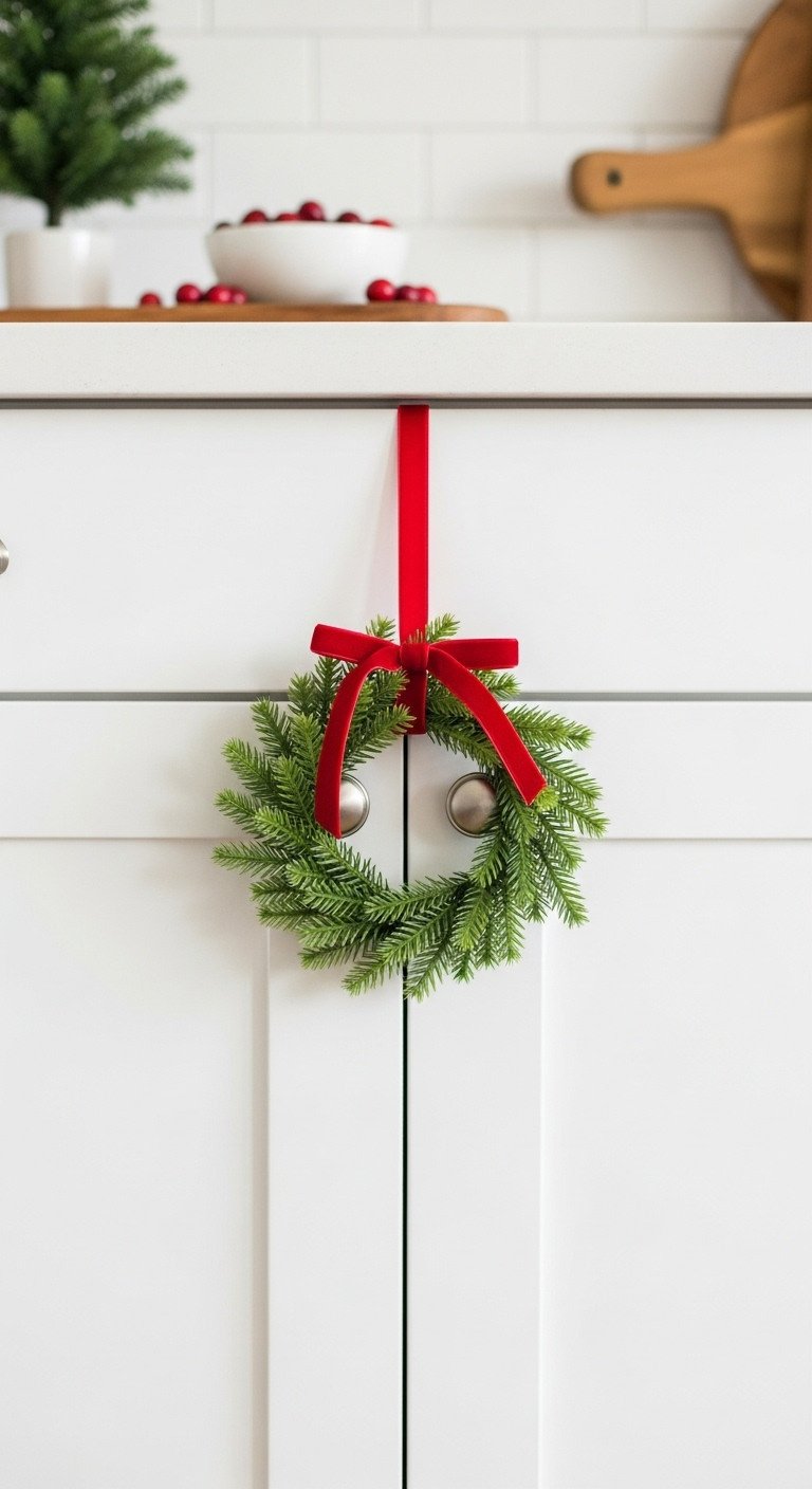 Cozy apartment kitchen with a simple green Christmas wreath tied with a red velvet ribbon on a white cabinet door