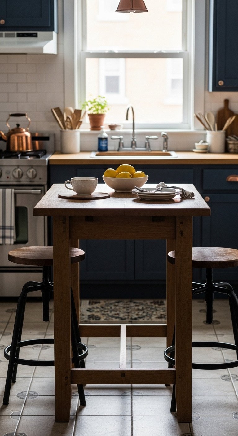 Cozy apartment kitchen with rustic wooden counter-height table, navy cabinets, and a bowl of fresh lemons. Warm home decor.