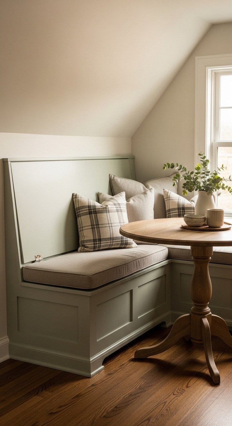 Cozy attic kitchen dining nook with sage green banquette storage, linen cushion, plaid pillows, and a round wooden table. Teacup, wildflowers.
