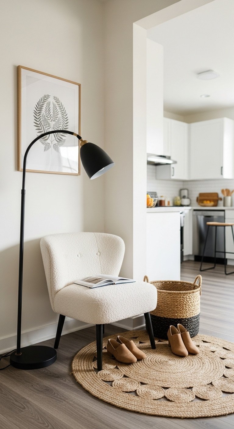 Cozy entryway corner vignette with boucle accent chair, floor lamp, woven shoe basket, and round jute rug.