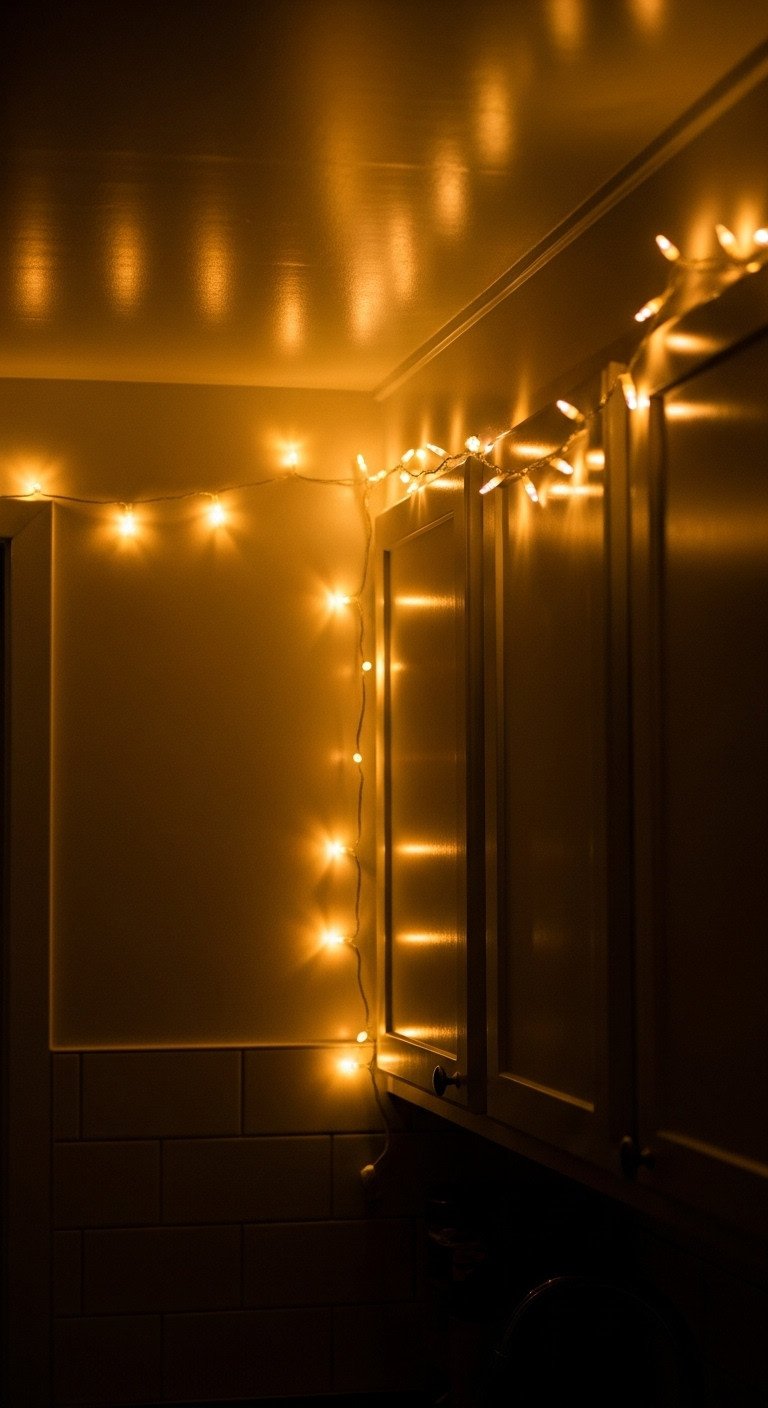 Cozy evening kitchen scene with warm white fairy lights draped along the top of cabinets casting a soft glow