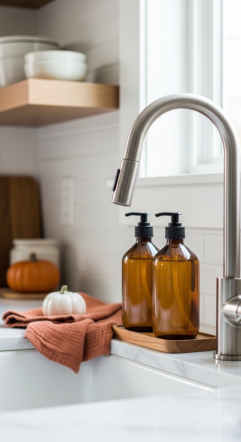 Cozy fall kitchen sink with amber glass soap dispensers on a wooden tray, modern faucet, terracotta towel, ceramic pumpkin on marble counter.