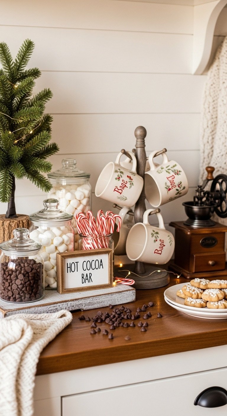Cozy farmhouse Christmas hot cocoa bar with marshmallows, candy canes, festive mugs, evergreen garland, shiplap wall.