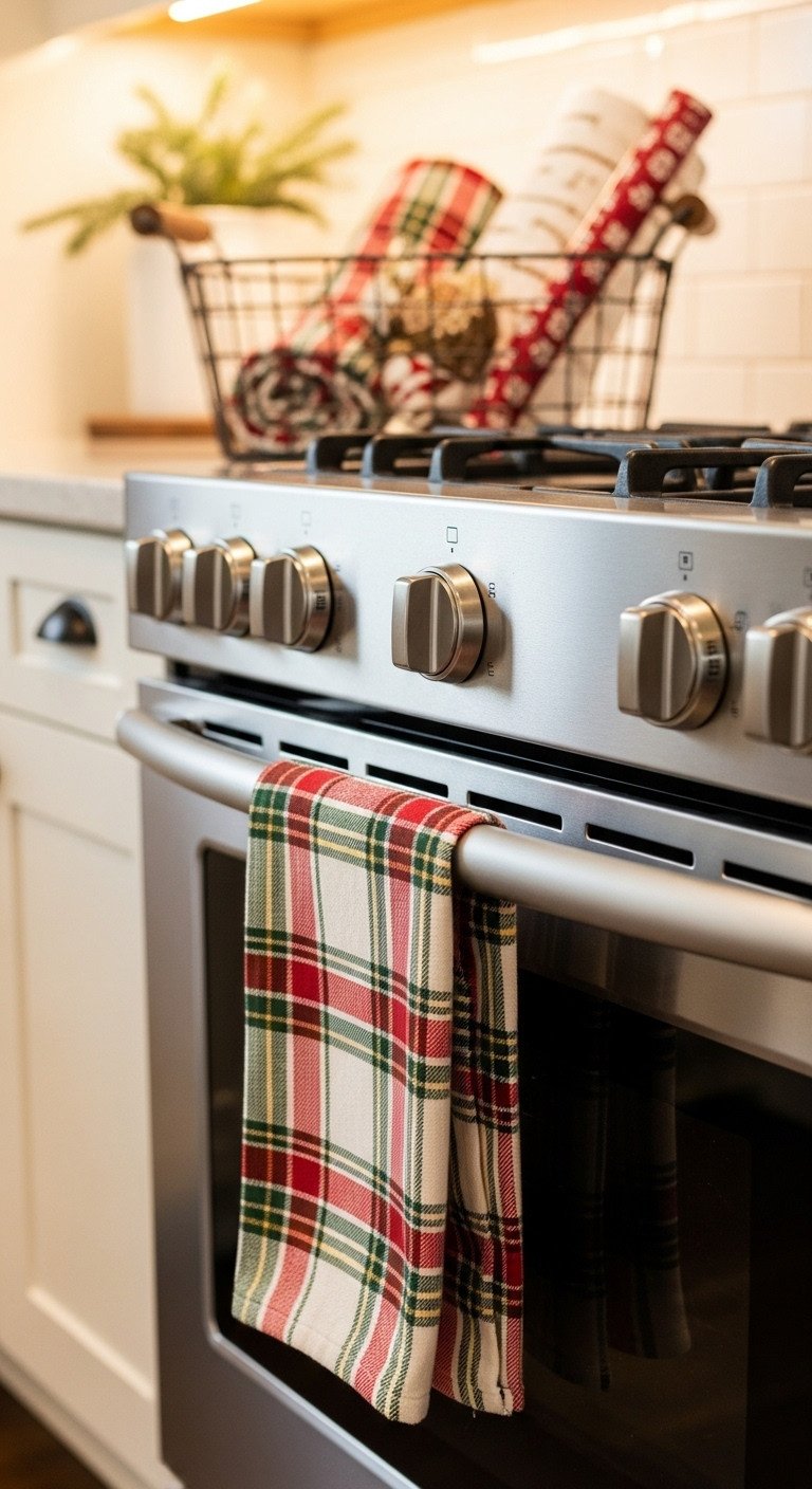 Cozy farmhouse Christmas kitchen featuring cozy textiles with a red and green plaid dish towel on an oven handle and holiday towels in a wire basket