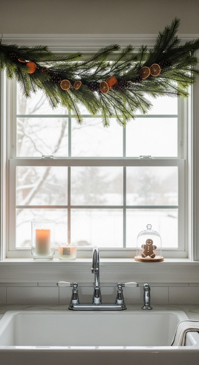 Cozy farmhouse Christmas kitchen window with pine bough and dried orange garland white pillar candle and gingerbread cookie on windowsill