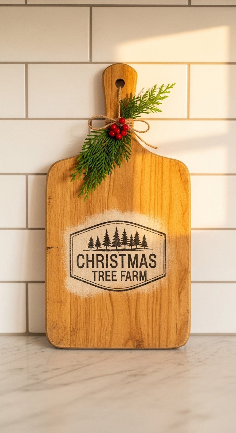 Cozy farmhouse Christmas kitchen with a DIY vintage Christmas tree farm sign on a wooden breadboard with cedar and red berries