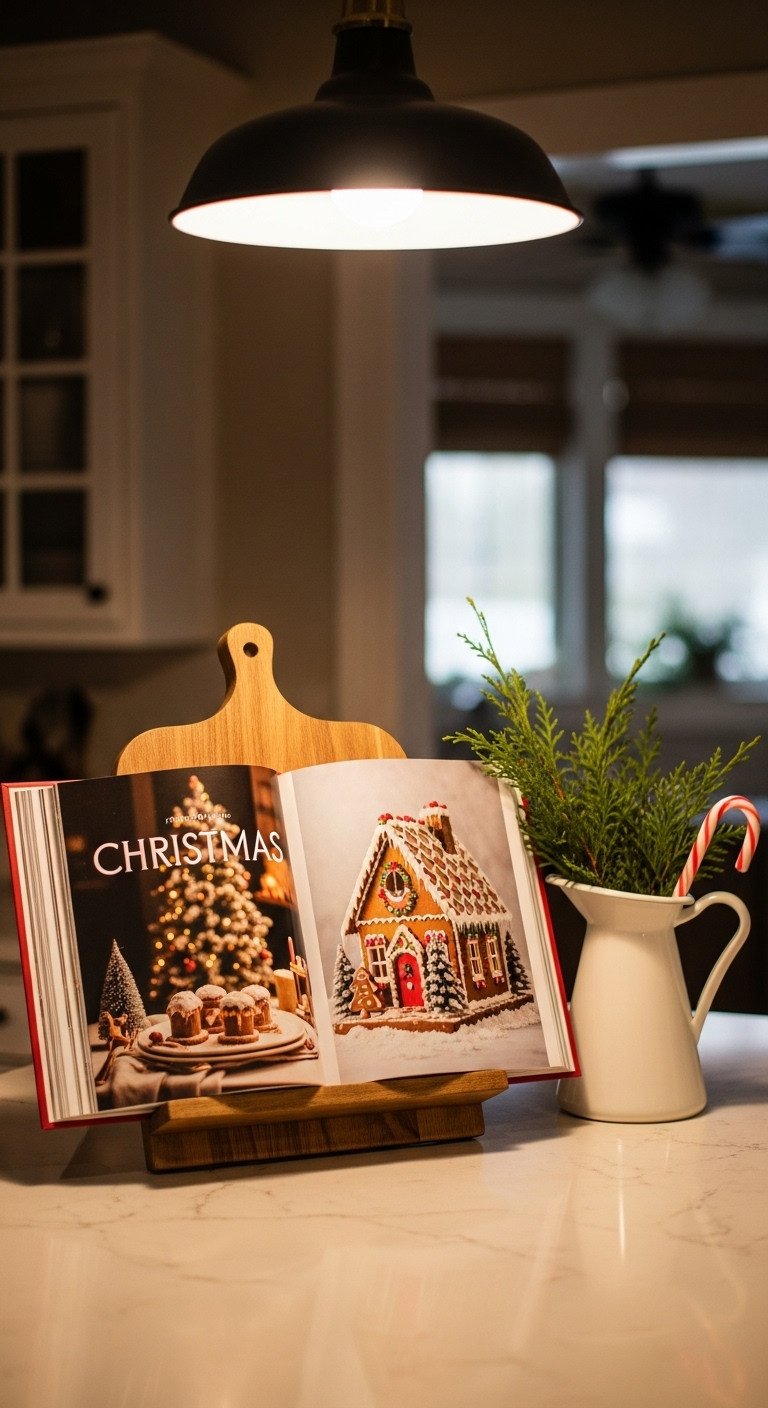 Cozy farmhouse Christmas kitchen with a cookbook stand holding a Christmas cookbook with a gingerbread house and cedar sprigs