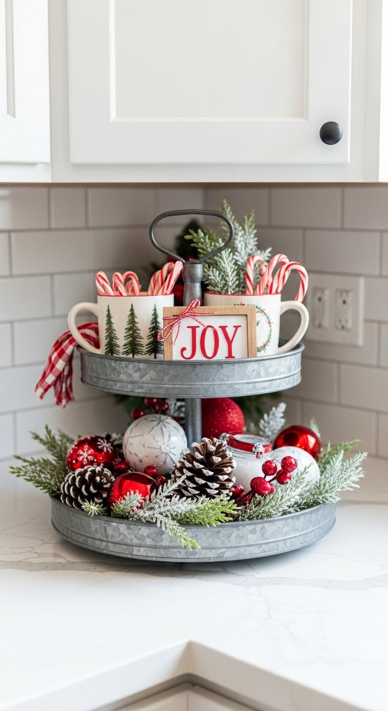 Cozy farmhouse Christmas kitchen with a festive two-tiered galvanized metal tray filled with ornaments mugs and a Joy sign on a quartz countertop