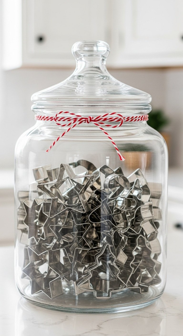 Cozy farmhouse Christmas kitchen with a glass canister filled with vintage metal Christmas cookie cutters and a red and white baker's twine bow
