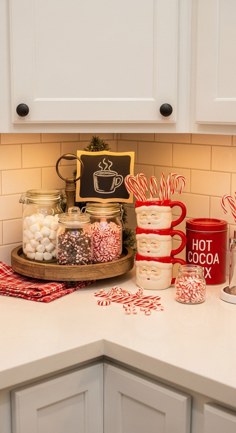Cozy farmhouse Christmas kitchen with a hot cocoa bar featuring a tiered tray with marshmallows chocolate chips and candy canes and mugs