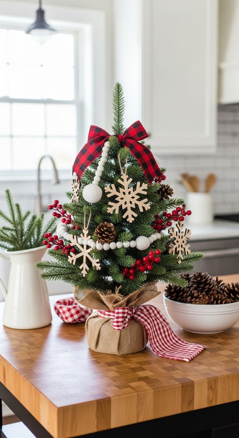 Cozy farmhouse Christmas kitchen with a mini tree on a butcher block island decorated with plaid ribbon pom-pom garland and snowflake ornaments