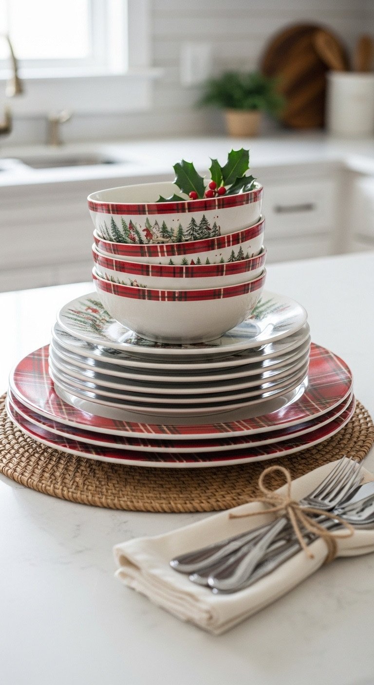 Cozy farmhouse Christmas kitchen with a stack of festive dinnerware on a kitchen island with red plaid plates winter scene salad plates and holly