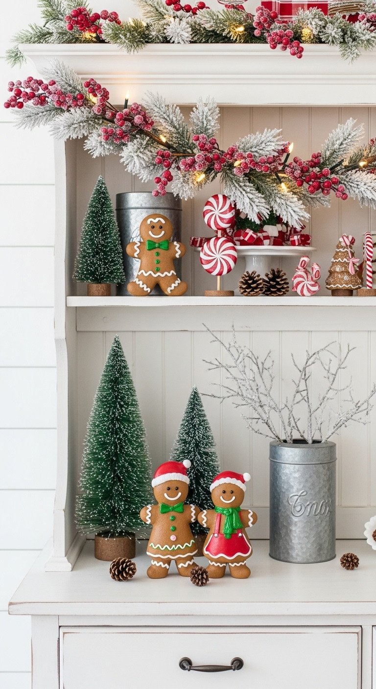 Cozy farmhouse Christmas kitchen with a white distressed hutch decorated with gingerbread figurines candy trees frosted garland and fairy lights