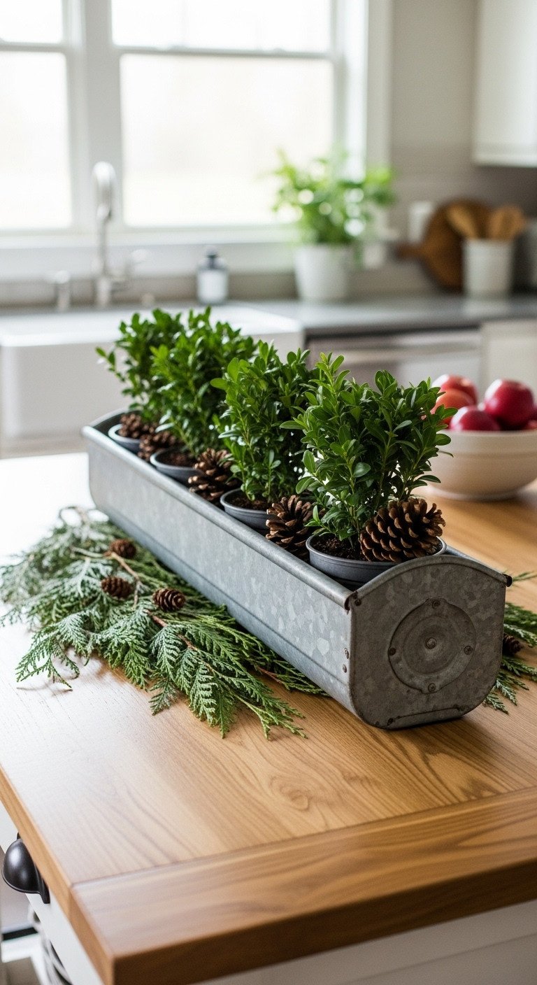 Cozy farmhouse Christmas kitchen with natural greenery in a galvanized chicken feeder filled with boxwood plants and pinecones on a wooden island