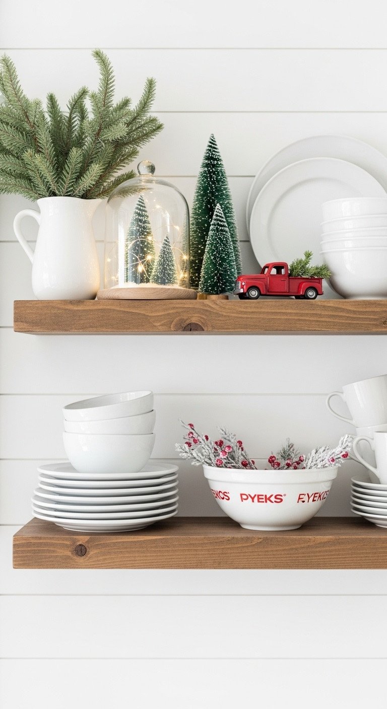 Cozy farmhouse Christmas kitchen with styled open shelves on shiplap wall featuring white dishes cloche with bottle brush trees and a red metal truck