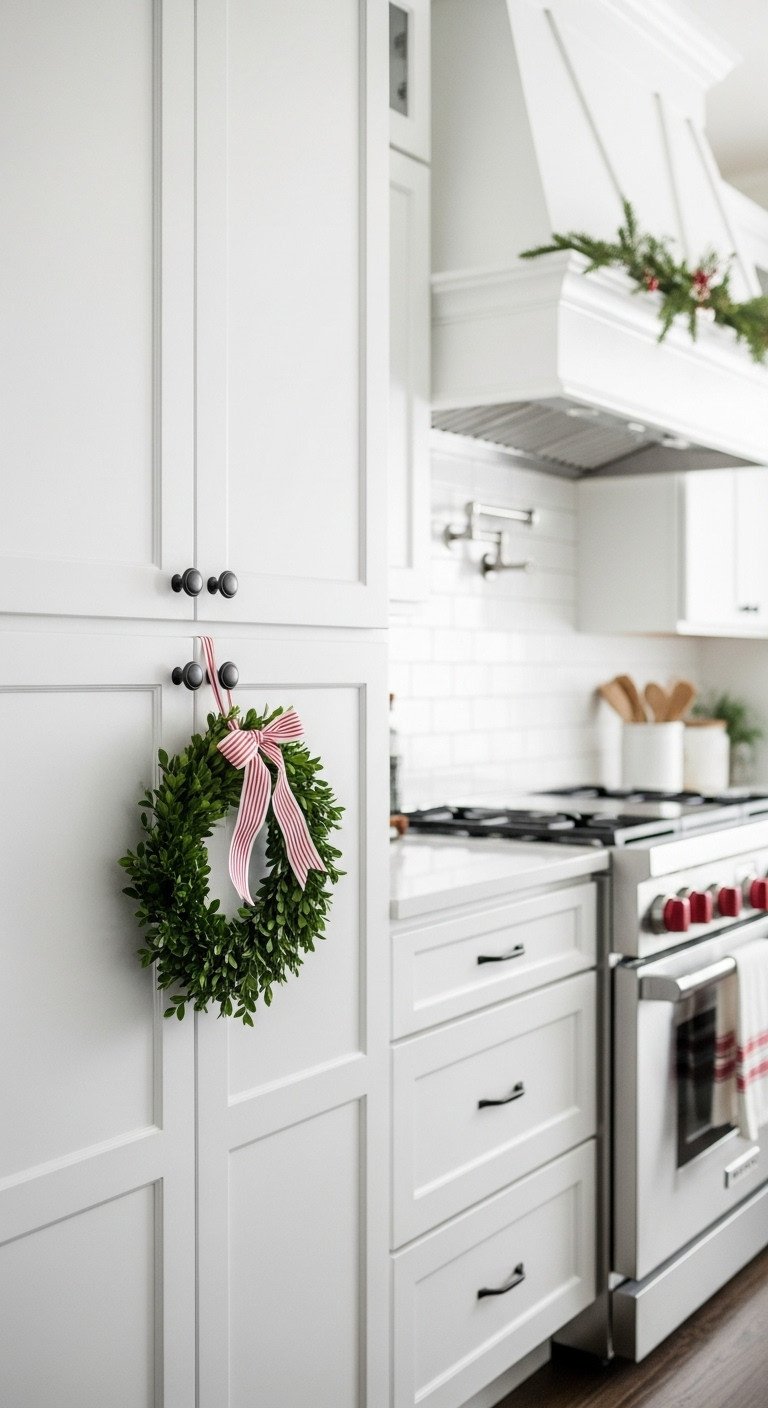Cozy farmhouse Christmas kitchen with white shaker cabinets adorned with a boxwood wreath and a pine swag on the range hood