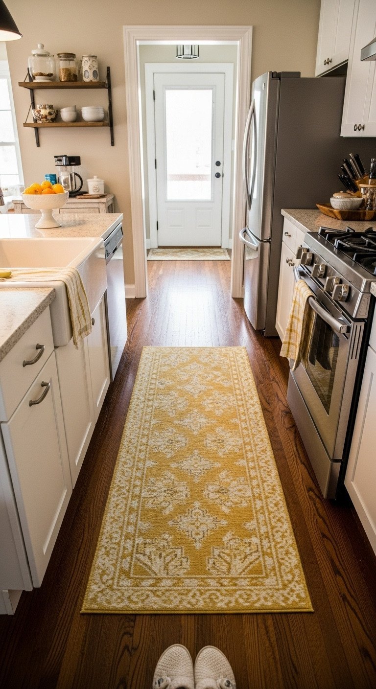 Cozy galley kitchen with a vintage yellow and cream patterned runner rug on dark wood floor. Inviting home decor.