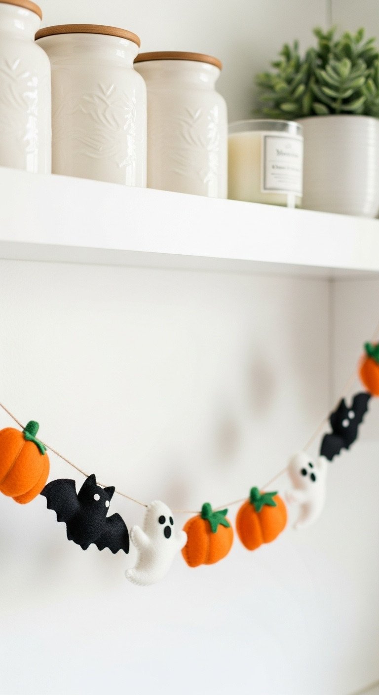 Cozy handmade felt Halloween garland with ghosts bats and pumpkins hanging below a white kitchen shelf with canisters and succulents