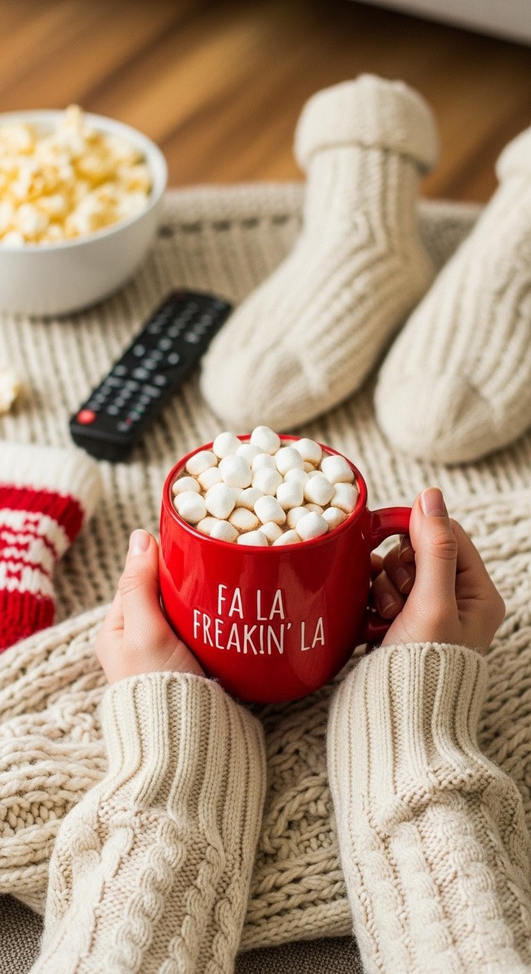 Cozy holiday movie night scene with an oversized red mug of hot chocolate and marshmallows on a knit blanket