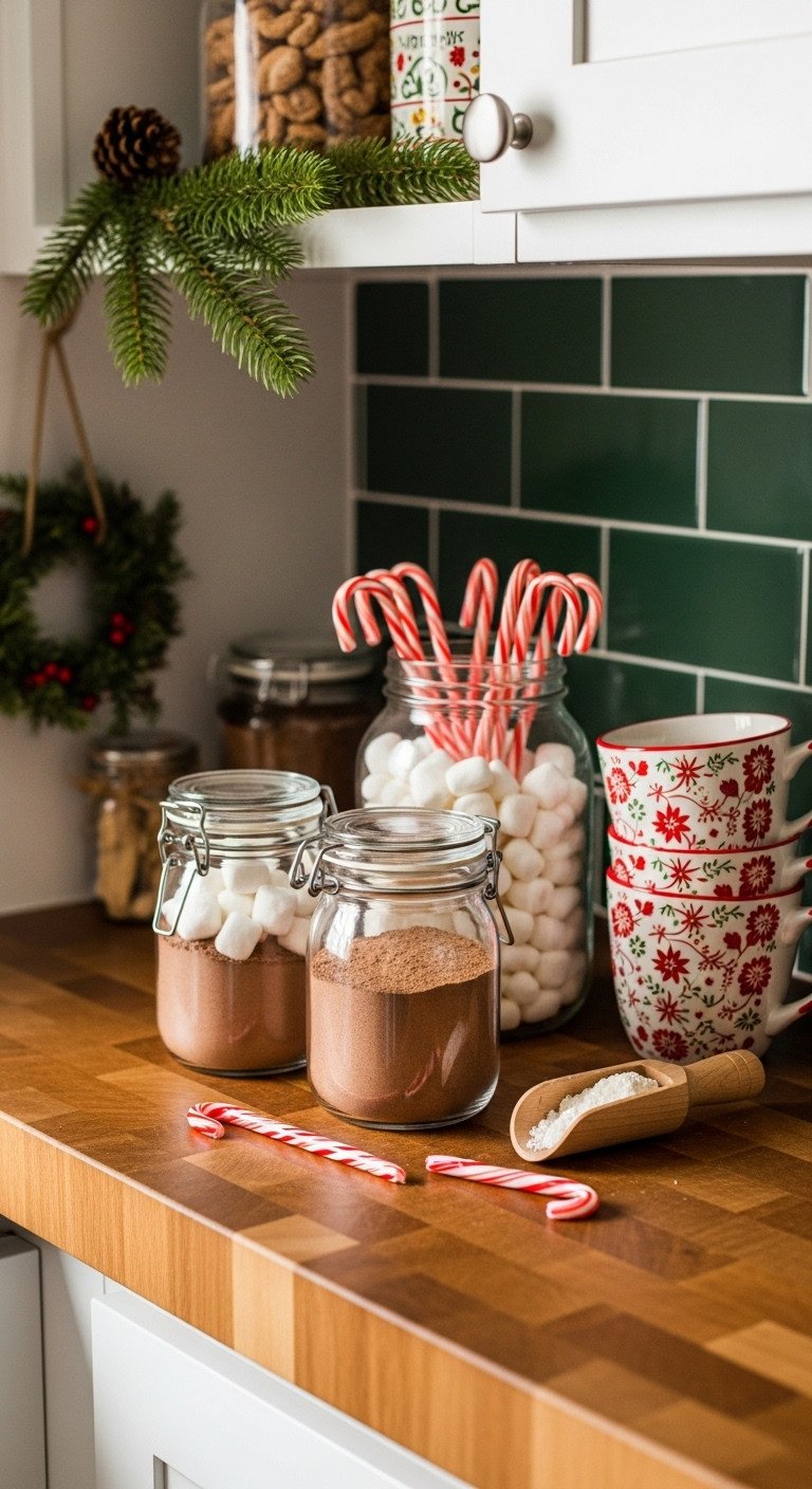 Cozy hot cocoa station on a butcher block shelf with glass jars, marshmallows, candy canes, and festive mugs. Warm golden light.