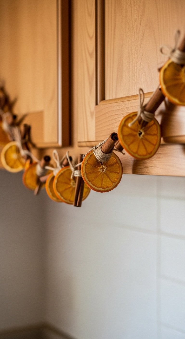 Cozy kitchen DIY Christmas decor above cabinets dried orange cinnamon garland light wood cabinets golden hour glow