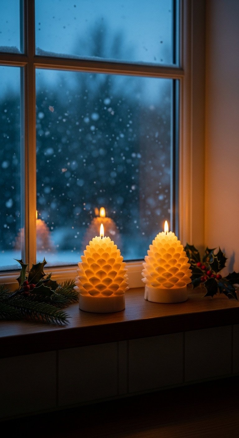 Cozy kitchen at dusk pinecone shaped candles windowsill soft glow snow falling holly dramatic lighting bokeh
