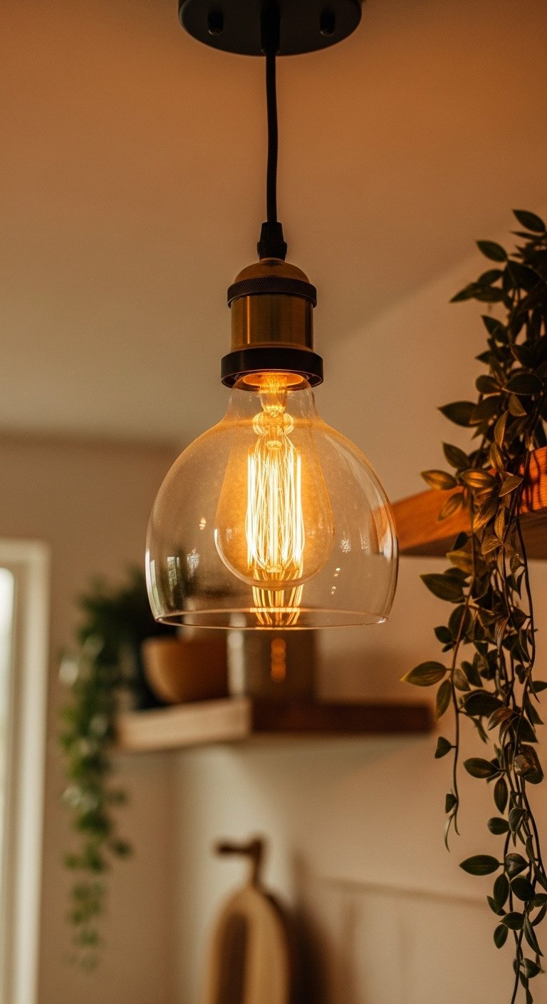 How To Make A Kitchen Cozy A Simple Method For Apartments 1 Cozy kitchen ceiling fixture with a glowing vintage Edison LED bulb in a glass pendant light, subtle wooden shelves, green plant. Warm home lighting decor.