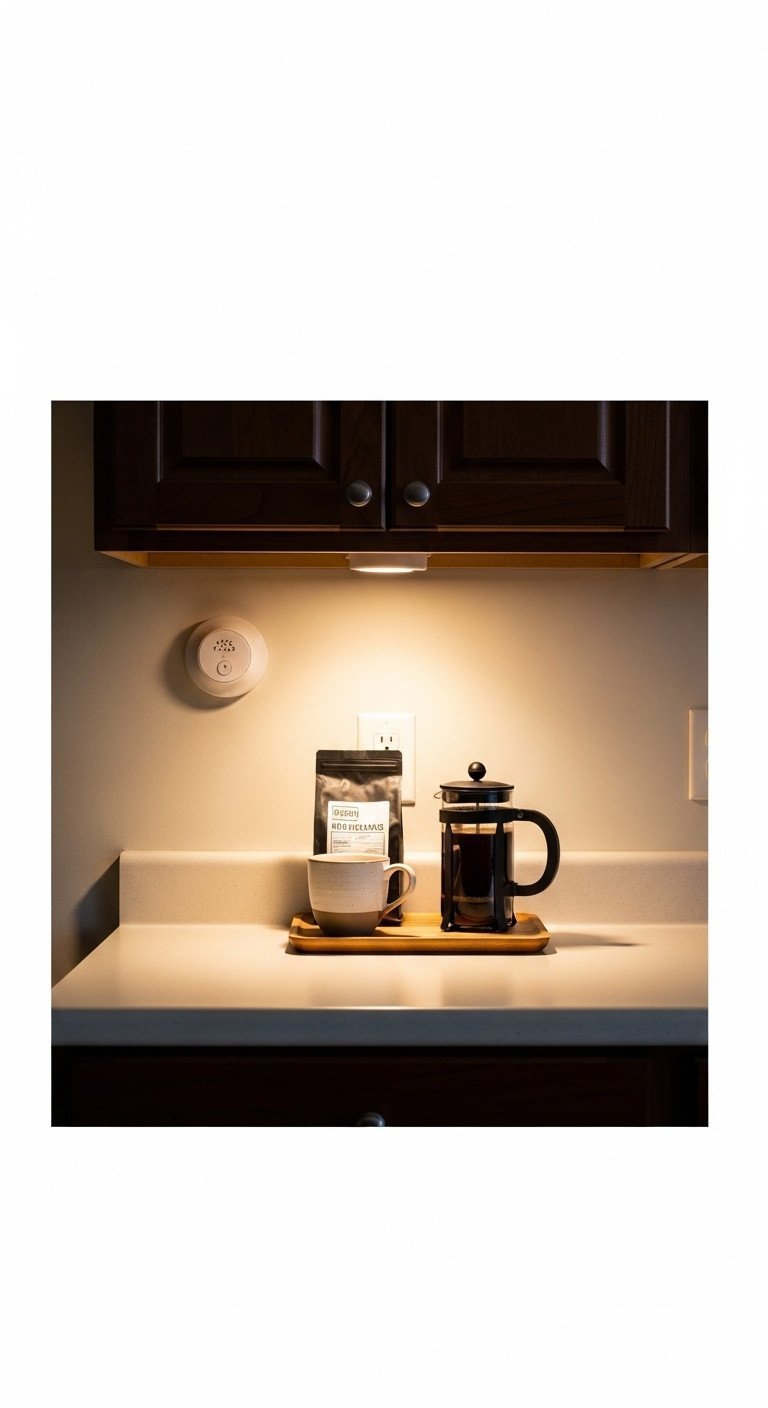 Cozy kitchen coffee station, warm LED puck light. Dark cabinet, ceramic mug, coffee beans, French press on wooden tray. Inviting home decor.
