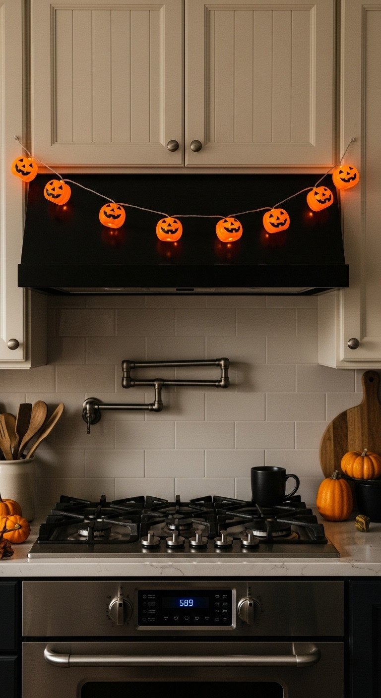 Cozy kitchen decorated with glowing pumpkin string lights draped over dark cabinets with gourds and a mug on the counter
