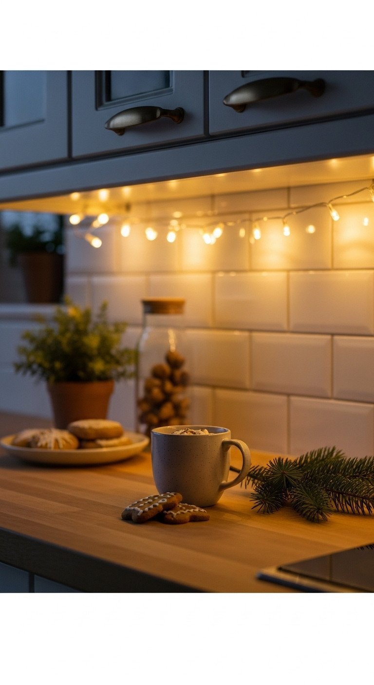11 Cozy Christmas Kitchen Ideas That Feel Truly Magical 3 Cozy kitchen dusk: Warm LED fairy lights under cabinet, butcher block. Hot cocoa, gingerbread, pine sprig for festive feel.