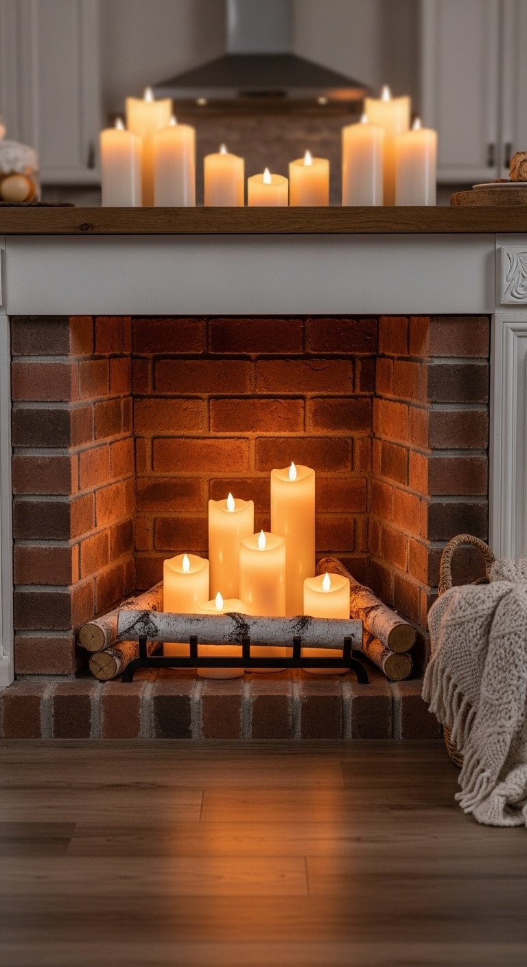 Cozy kitchen faux fireplace hearth with flickering flameless LED pillar candles and birch logs romantic holiday glow