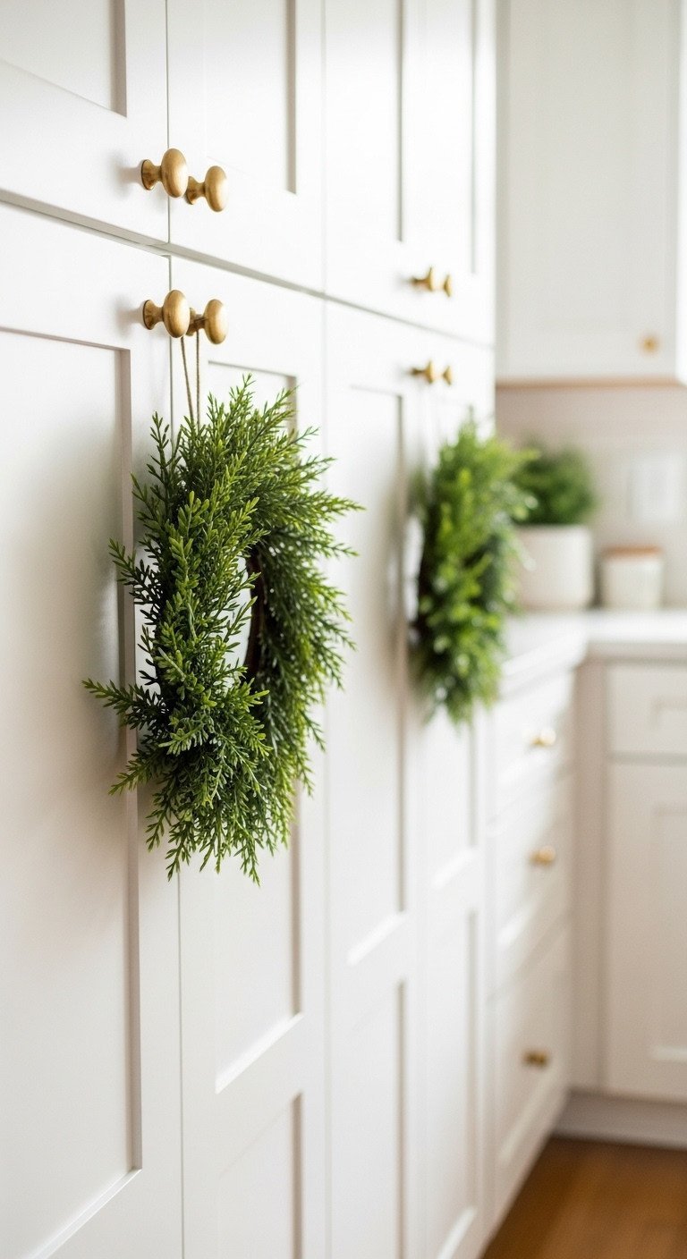 Cozy kitchen features white shaker cabinets with three mini faux cedar wreaths and brass knobs, bathed in soft natural light. Home decor.