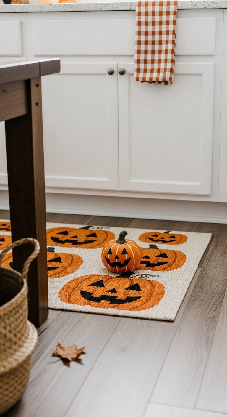 Cozy kitchen floor with a vibrant Jack-o'-Lantern themed rug in front of white cabinets