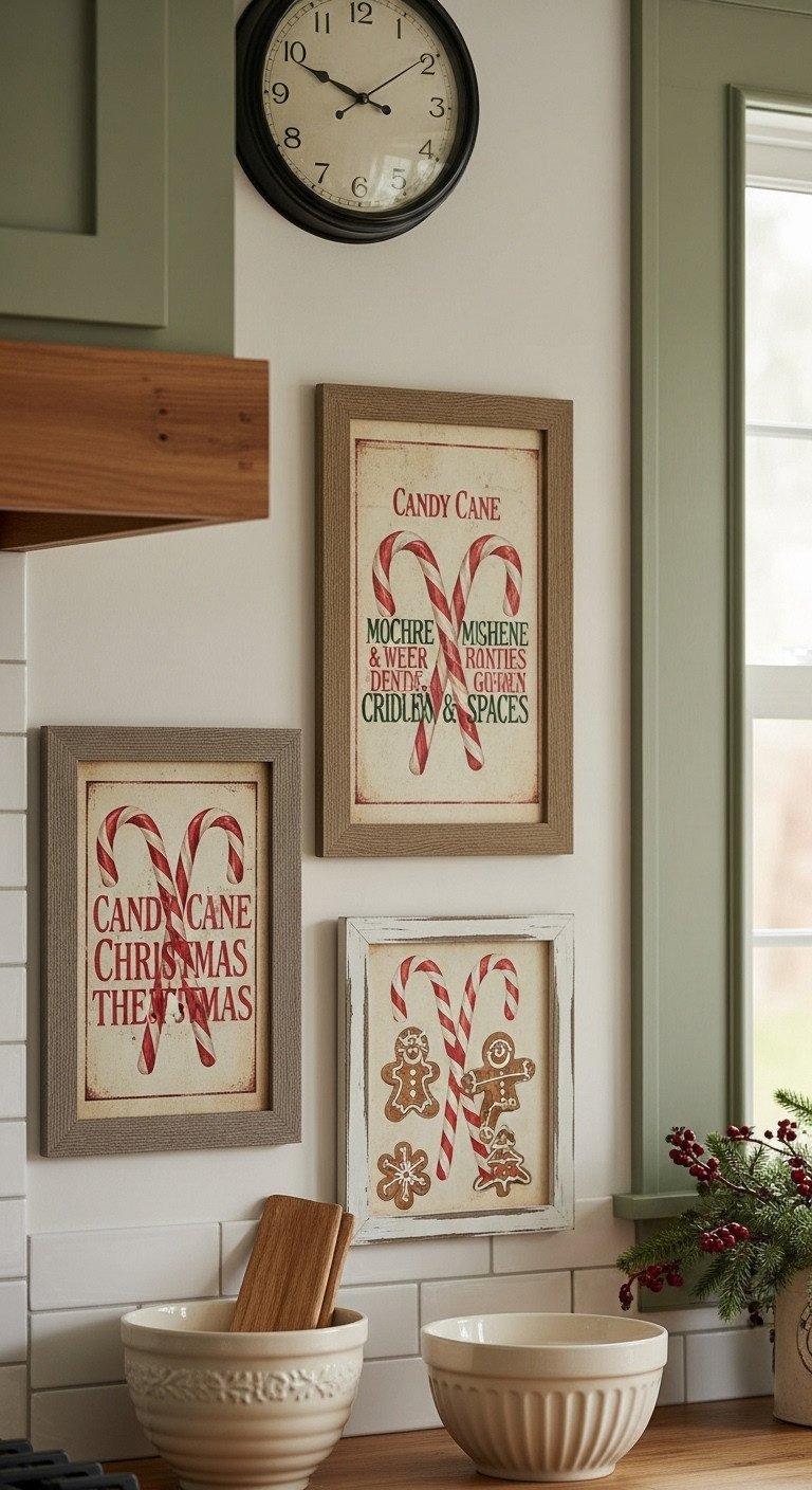 Cozy kitchen gallery wall with three framed vintage-style candy cane prints; red/white distressed art in natural wood frames.