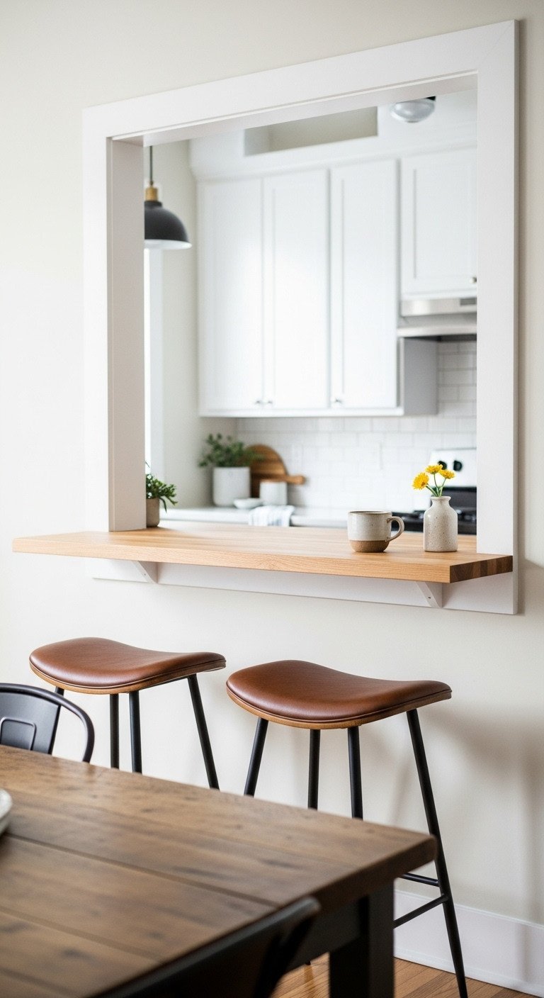 Cozy kitchen pass-through breakfast bar with butcher block countertop and two modern saddle stools. Home decor DIY project with coffee mug and flower.