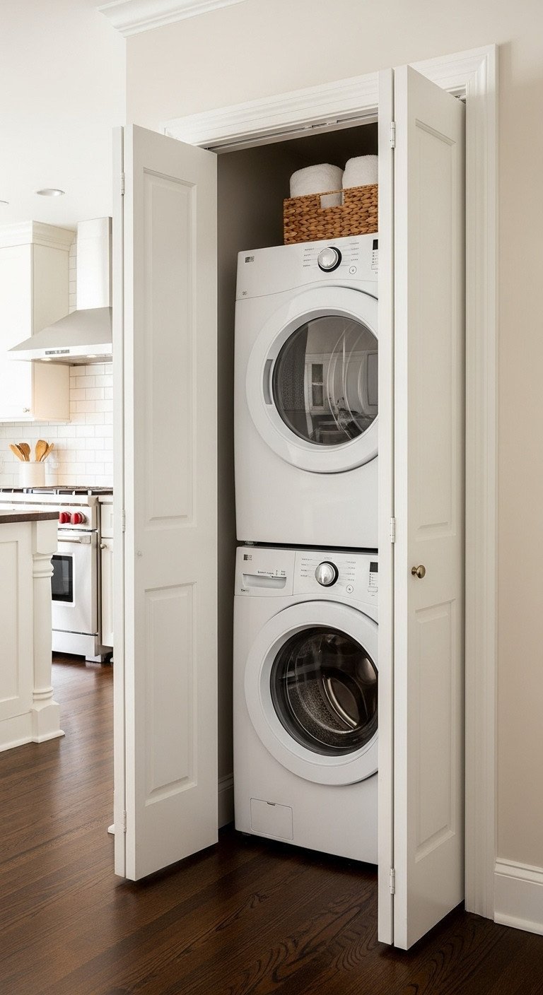Cozy modern farmhouse kitchen with open white shaker bifold doors revealing a compact stacked washer and dryer laundry closet. Woven basket.