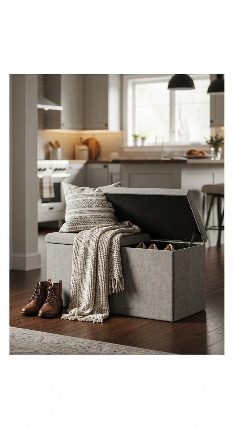 Cozy modern grey upholstered entryway storage bench with lifted lid showing organized shoes. Features cushion, throw, leather boots.