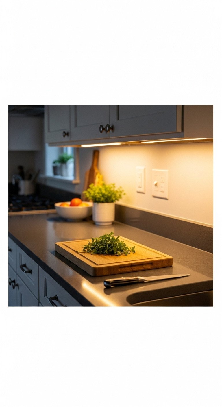 13 Brilliant Galley Kitchen Ideas To Maximize Your Space 3 Cozy modern kitchen: warm under-cabinet LEDs illuminate dark gray quartz countertop with wooden board and fresh herbs.
