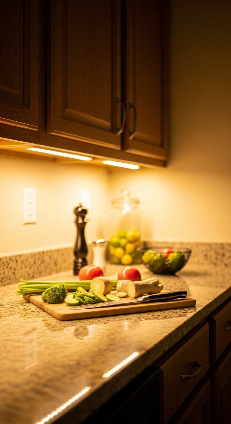 11 Genius Apartment Kitchen Design Ideas For Small Spaces 7 Cozy modern kitchen with warm under-cabinet LED lights illuminating granite countertop, knife, and chopped vegetables on a board.