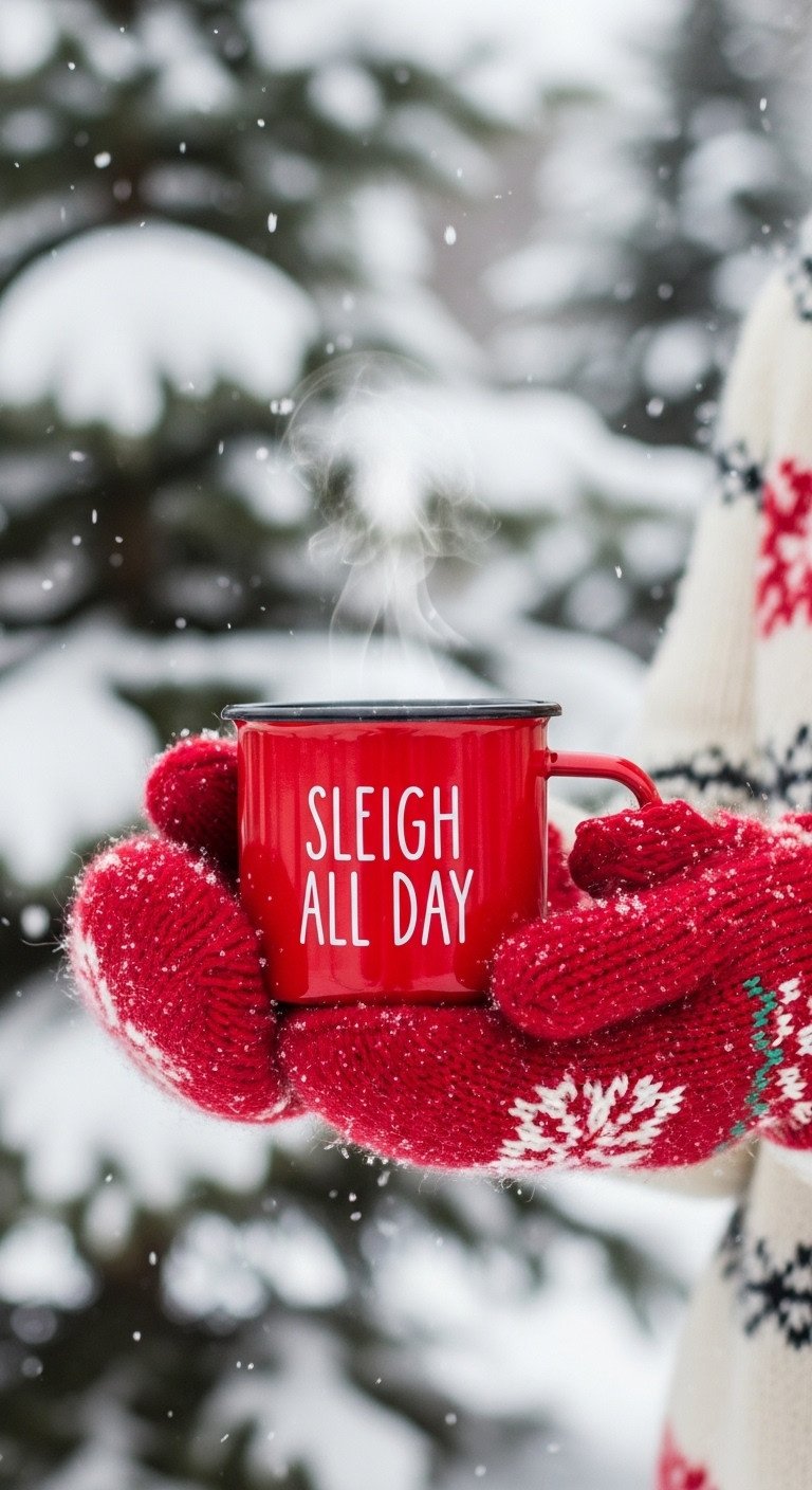 Cozy outdoor holiday scene with hands in mittens holding a vibrant red enameled steel mug steaming in front of snow-covered pines