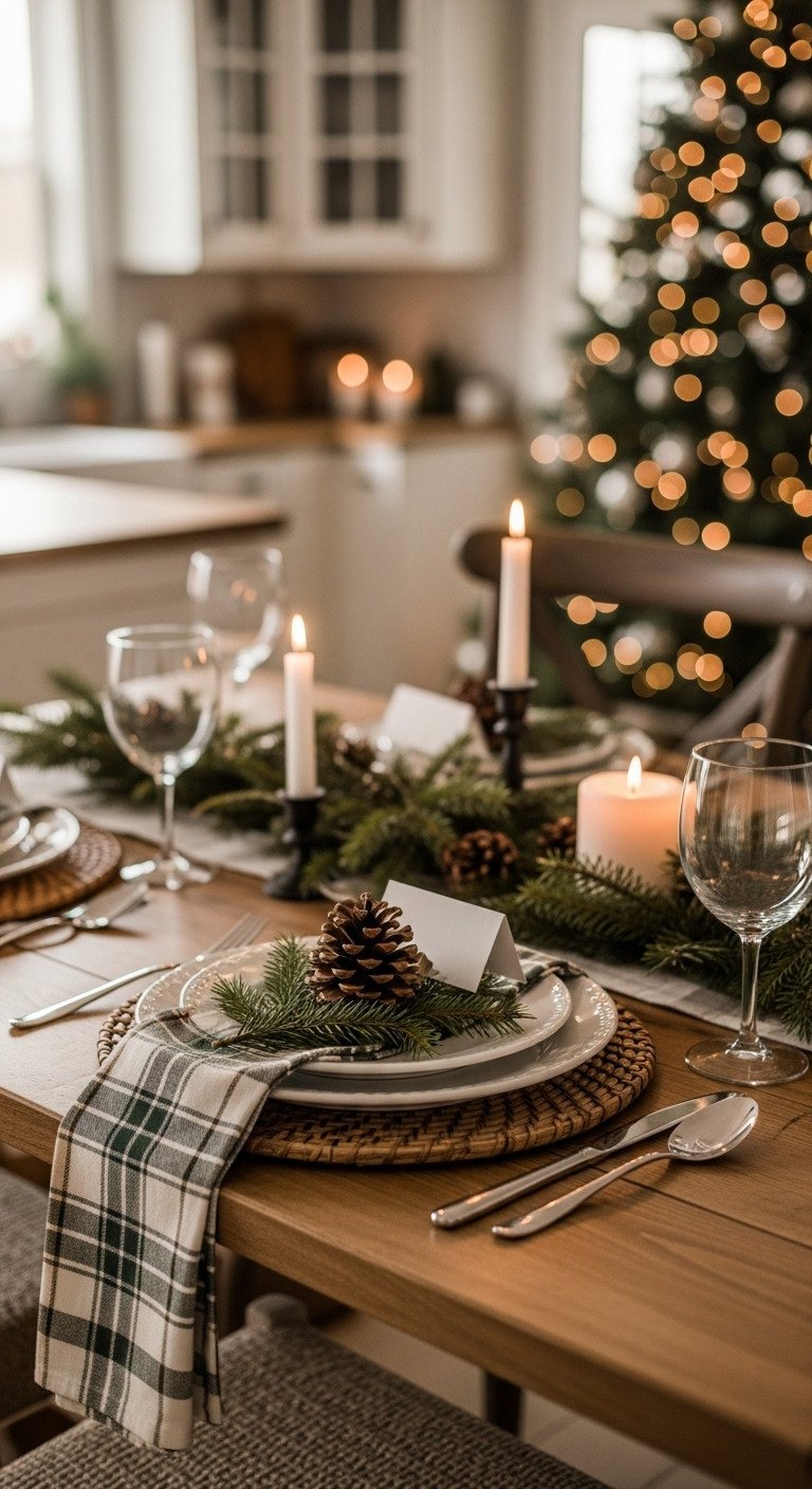 Christmas Table Decor Ideas To Inspire Every Style 1 Cozy rustic farmhouse Christmas table setting with layered plates, plaid napkin, fresh pine sprig, and pinecone place card on a natural wood table.