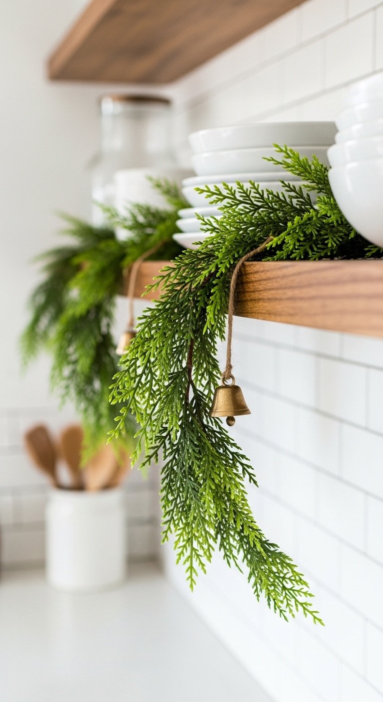 Cozy rustic kitchen decor featuring a lush faux cedar garland with brass bells draped on a wooden shelf over white ceramic plates.