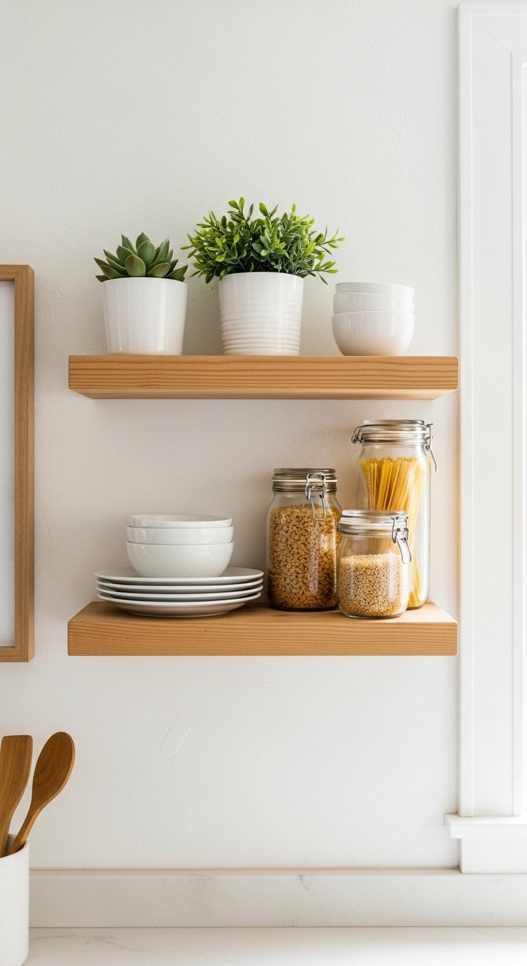 Cozy small apartment kitchen with rustic wooden floating shelves styled with minimalist white ceramic dishes, succulents, and glass jars