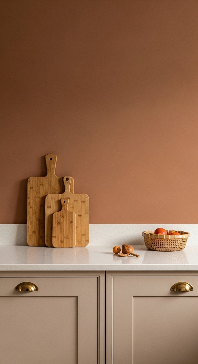 11 Japanese Kitchen Color Schemes For A Tranquil Home 20 Cozy warm browns and beige Japandi kitchen with deep brown walls light beige cabinets and bamboo cutting boards