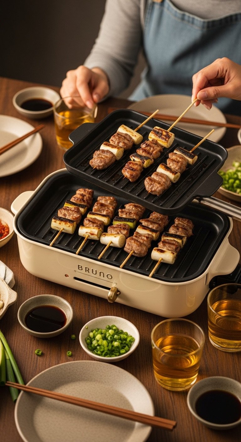 Cream colored Bruno compact hot plate sizzling with yakitori skewers on a dining table