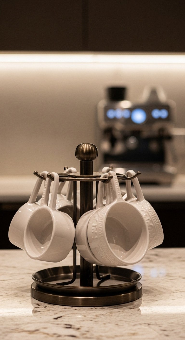 Cream stoneware measuring cups displayed on an elegant bronzed metal tiered stand on a granite countertop