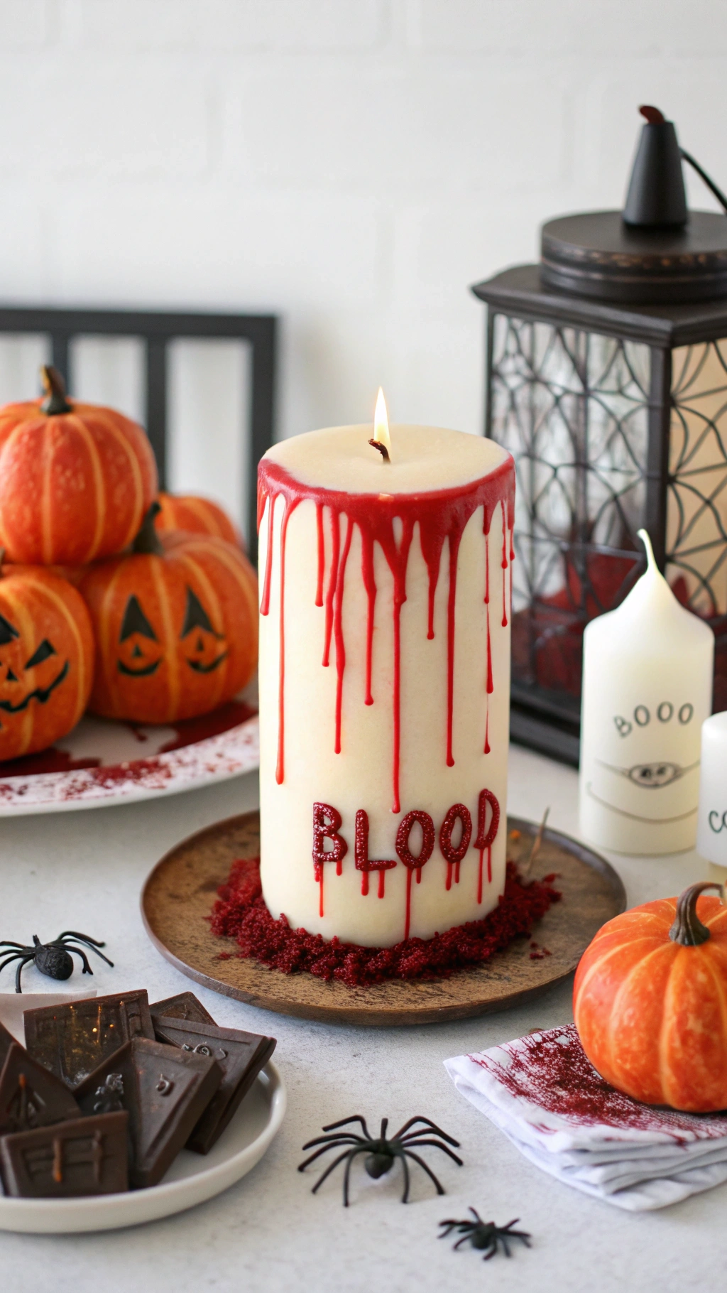 Creepy Halloween kitchen centerpiece with blood drip candles on a silver tray with spiders and lace in a dimly lit kitchen