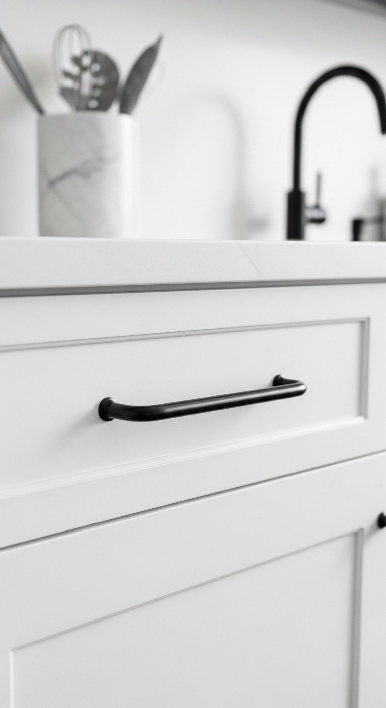 Smart White Apartment Kitchen Ideas To Maximize Style And Space 7 Crisp white Shaker cabinet drawer with sleek matte black pull, highlighting modern kitchen hardware design.