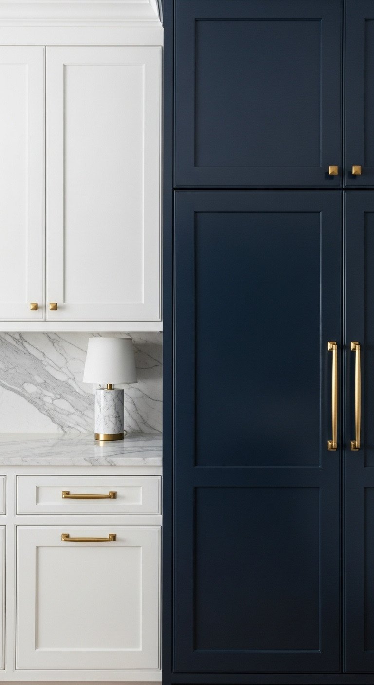 Crisp white kitchen cabinets against a deep navy blue wall with polished brass pulls and a white marble countertop.